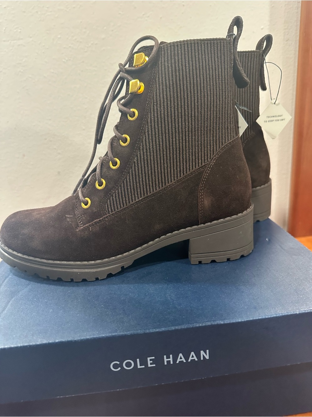 Cole Haan Dark Brown Suede Lace-Up Combat Boots with Gold Hardware - Picture 3 of 5